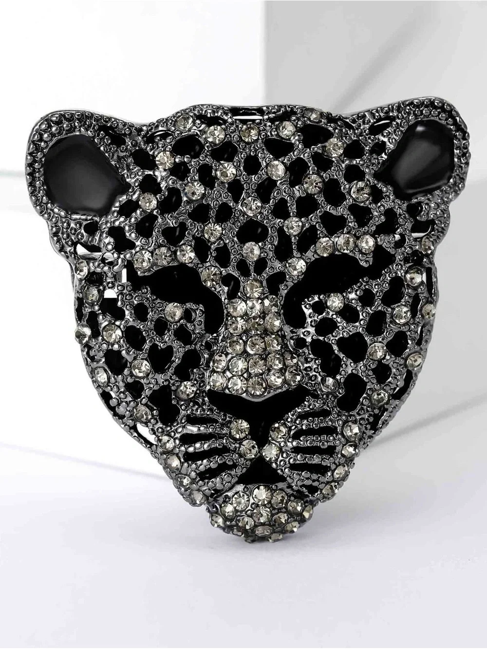 Black Leopard Head Brooch Pin – Rhinestone Crystal Big Cat Statement Jewelry